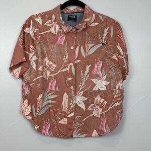 Hurley Floral Button-Up Shirt Brown Pink Tropical Surf Style L Coastal